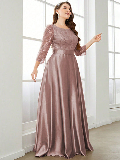 Plus Size Long Sleeve Round Neck Sequin & Satin Patchwork Maxi Length Dress, Formal, Party Dress, Gown, For Evening, Wedding Guest Spring