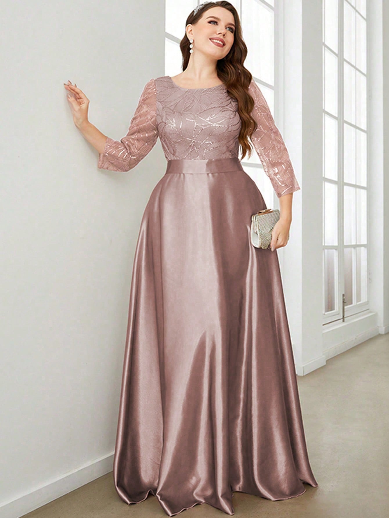 Plus Size Long Sleeve Round Neck Sequin & Satin Patchwork Maxi Length Dress, Formal, Party Dress, Gown, For Evening, Wedding Guest Spring