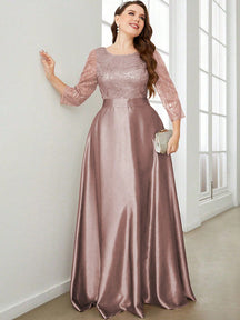 Plus Size Long Sleeve Round Neck Sequin & Satin Patchwork Maxi Length Dress, Formal, Party Dress, Gown, For Evening, Wedding Guest Spring