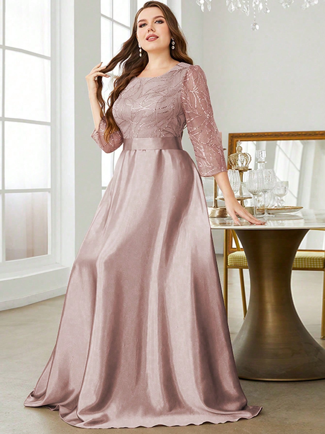 Plus Size Long Sleeve Round Neck Sequin & Satin Patchwork Maxi Length Dress, Formal, Party Dress, Gown, For Evening, Wedding Guest Spring