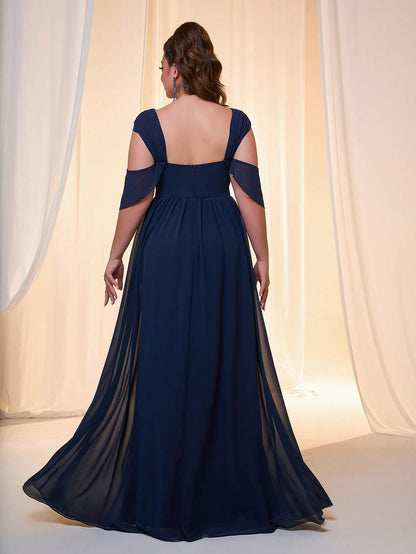 Plus Size Mgiacy Off-Shoulder Strap Pearl Chiffon Ruffle Short Sleeve Front Slit High-End Evening Dress, Elegant Bridesmaid Dress