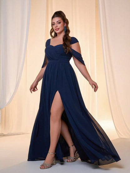 Plus Size Mgiacy Off-Shoulder Strap Pearl Chiffon Ruffle Short Sleeve Front Slit High-End Evening Dress, Elegant Bridesmaid Dress