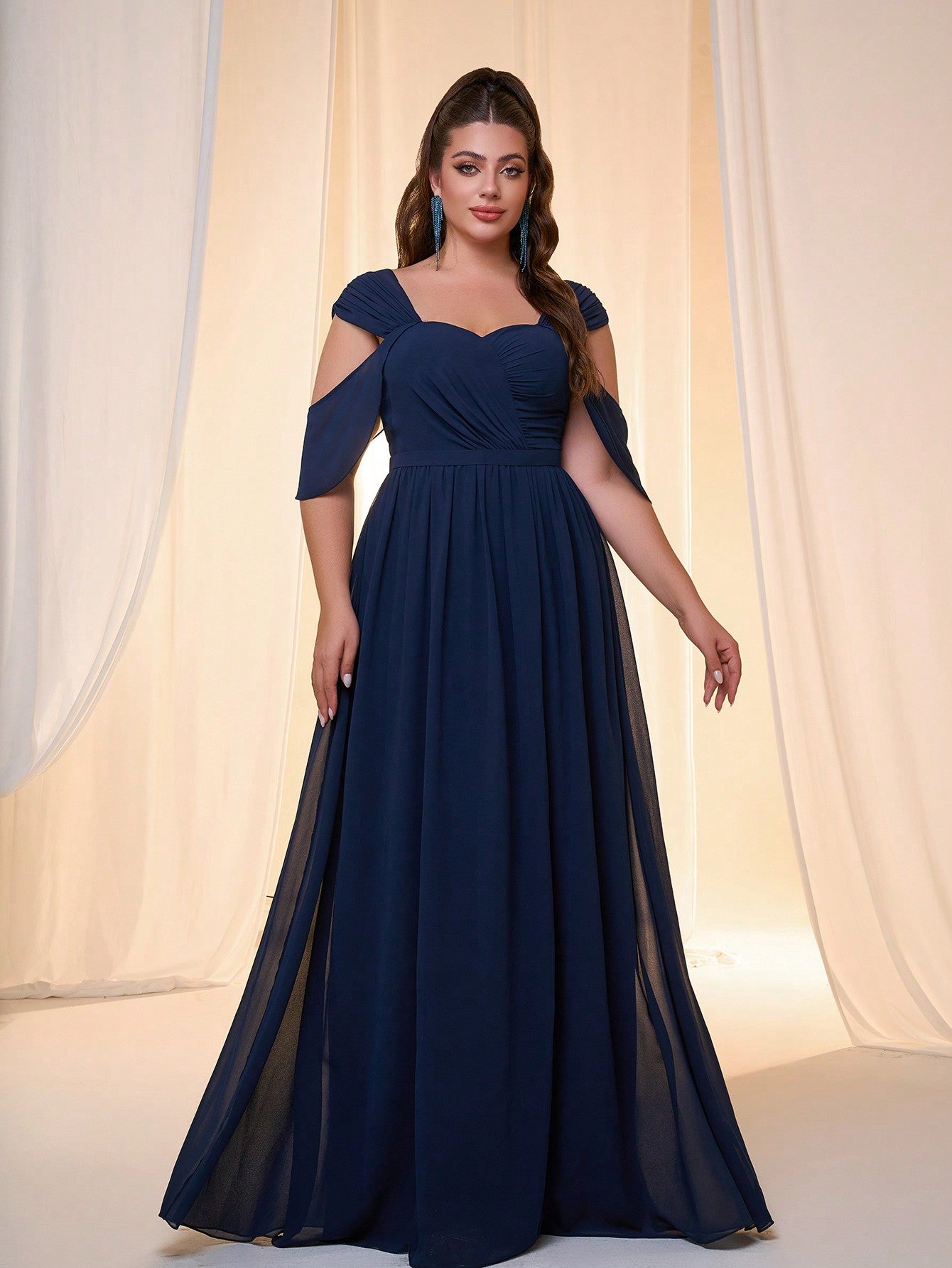 Plus Size Mgiacy Off-Shoulder Strap Pearl Chiffon Ruffle Short Sleeve Front Slit High-End Evening Dress, Elegant Bridesmaid Dress