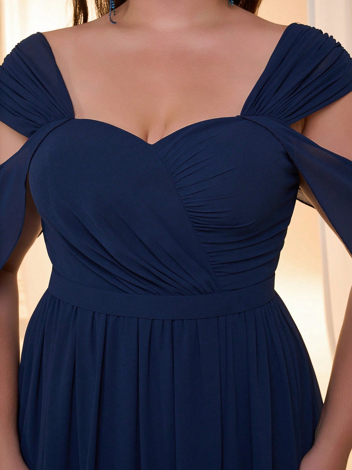 Plus Size Mgiacy Off-Shoulder Strap Pearl Chiffon Ruffle Short Sleeve Front Slit High-End Evening Dress, Elegant Bridesmaid Dress