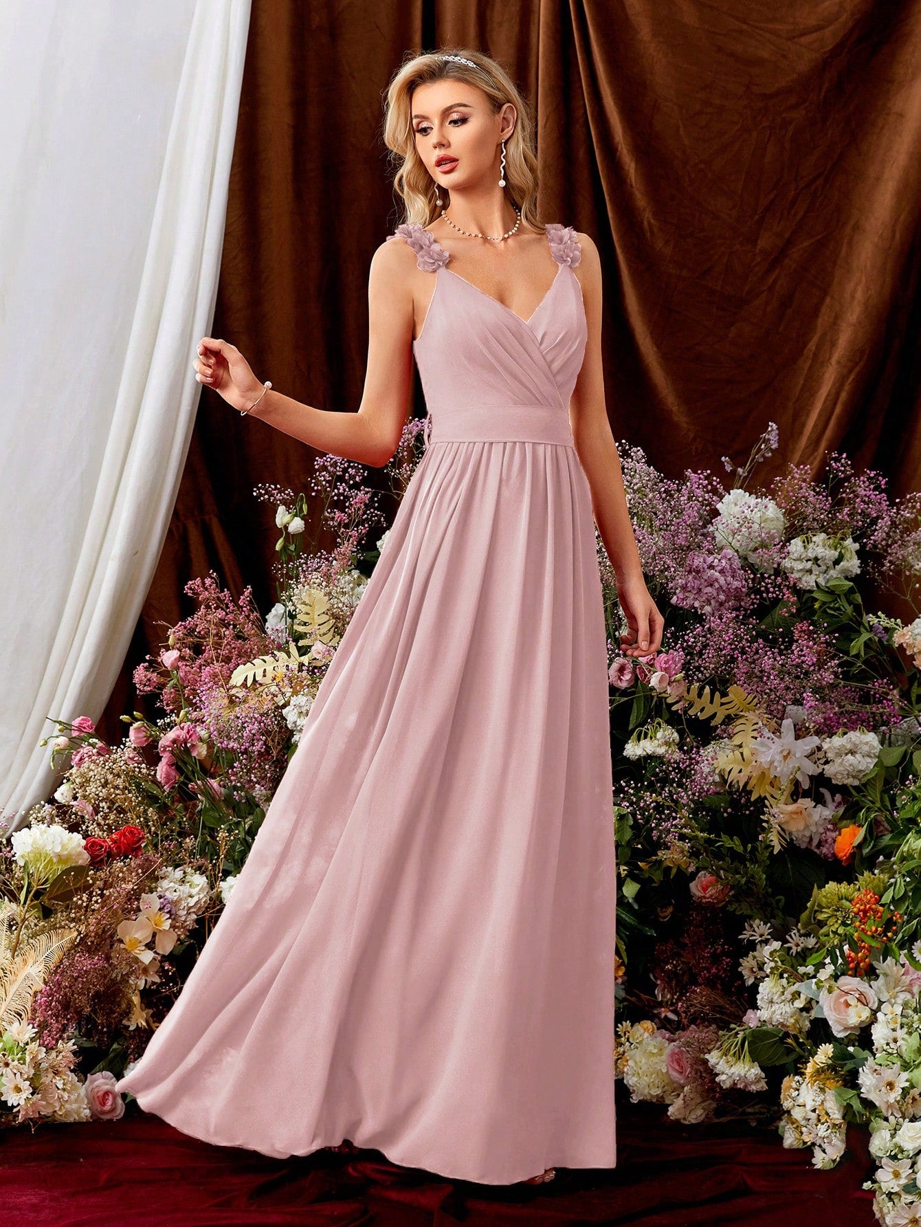 Women's Elegant Summer Burnt Orange Chiffon Maxi Gown, 3D Floral Spaghetti Strap V-Neck,Back Bow Wedding Bridesmaid Party Formal Dress Vacation