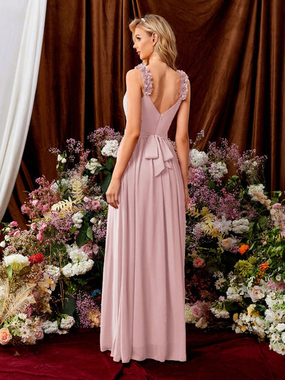 Women's Elegant Summer Burnt Orange Chiffon Maxi Gown, 3D Floral Spaghetti Strap V-Neck,Back Bow Wedding Bridesmaid Party Formal Dress Vacation