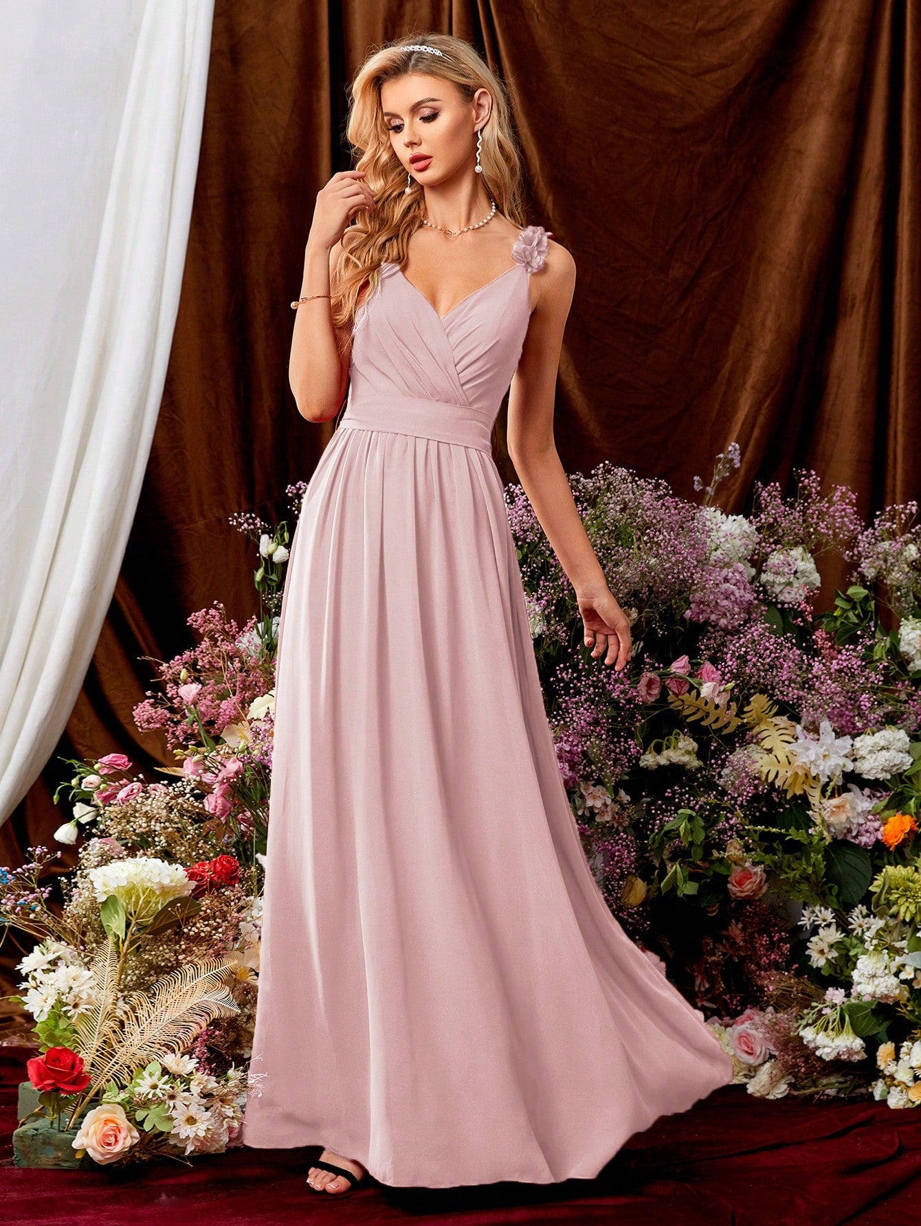 Women's Elegant Summer Burnt Orange Chiffon Maxi Gown, 3D Floral Spaghetti Strap V-Neck,Back Bow Wedding Bridesmaid Party Formal Dress Vacation