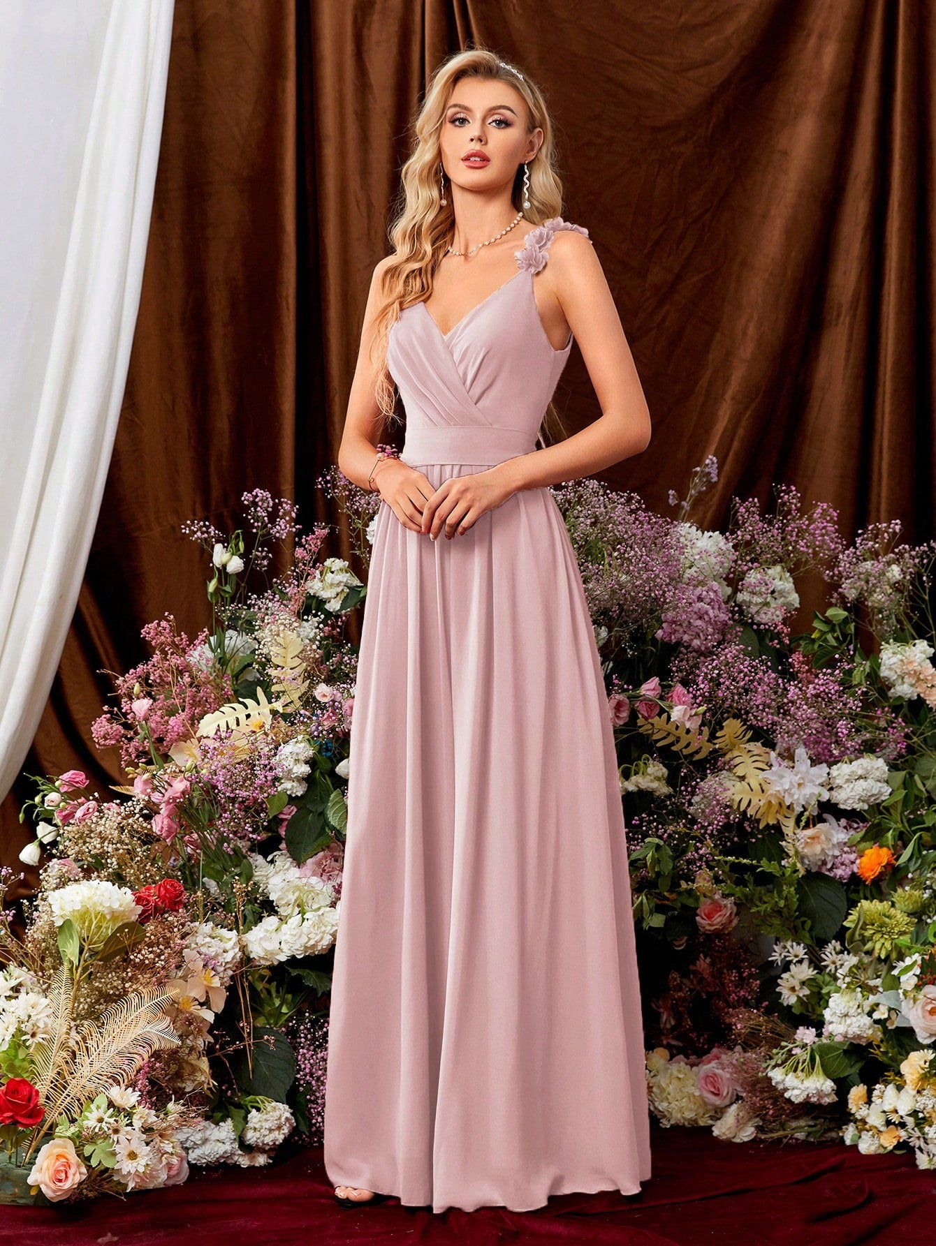 Women's Elegant Summer Burnt Orange Chiffon Maxi Gown, 3D Floral Spaghetti Strap V-Neck,Back Bow Wedding Bridesmaid Party Formal Dress Vacation