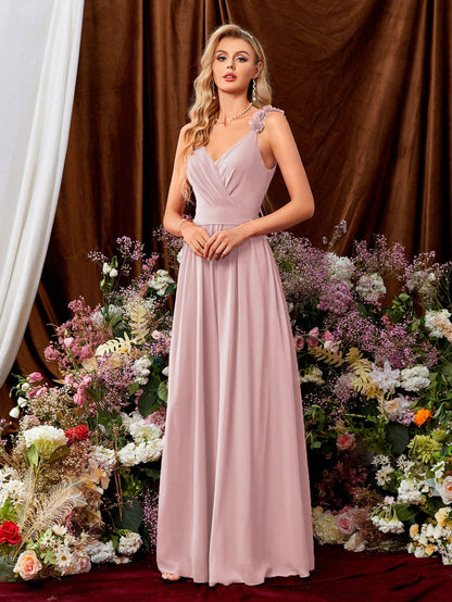 Women's Elegant Summer Burnt Orange Chiffon Maxi Gown, 3D Floral Spaghetti Strap V-Neck,Back Bow Wedding Bridesmaid Party Formal Dress Vacation