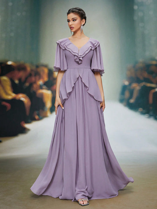 Exquisite V-Neck Chiffon Ruffle Pearl Sleeves Flounce High-End Evening Dress, Bridesmaid Dress