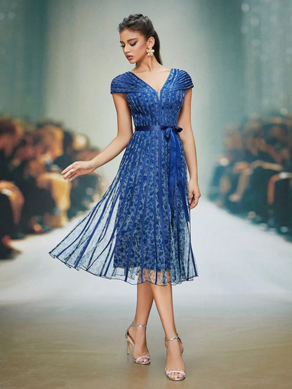 Women's V-Neck Printed Flare Sleeve Pleated Maxi Dress, Suitable For Formal Occasions Party