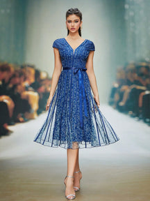 Women's V-Neck Printed Flare Sleeve Pleated Maxi Dress, Suitable For Formal Occasions Party