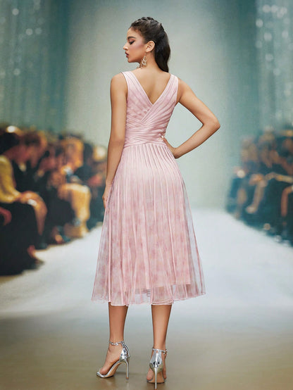 V-Neck Printed Mesh Ruffle Hem Luxurious Evening Gown Wedding Spring Party