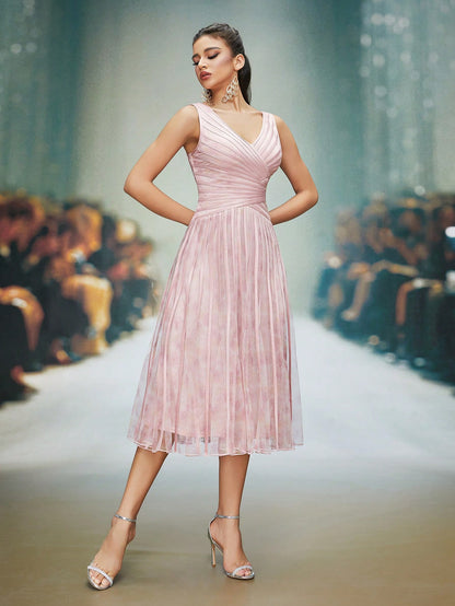 V-Neck Printed Mesh Ruffle Hem Luxurious Evening Gown Wedding Spring Party