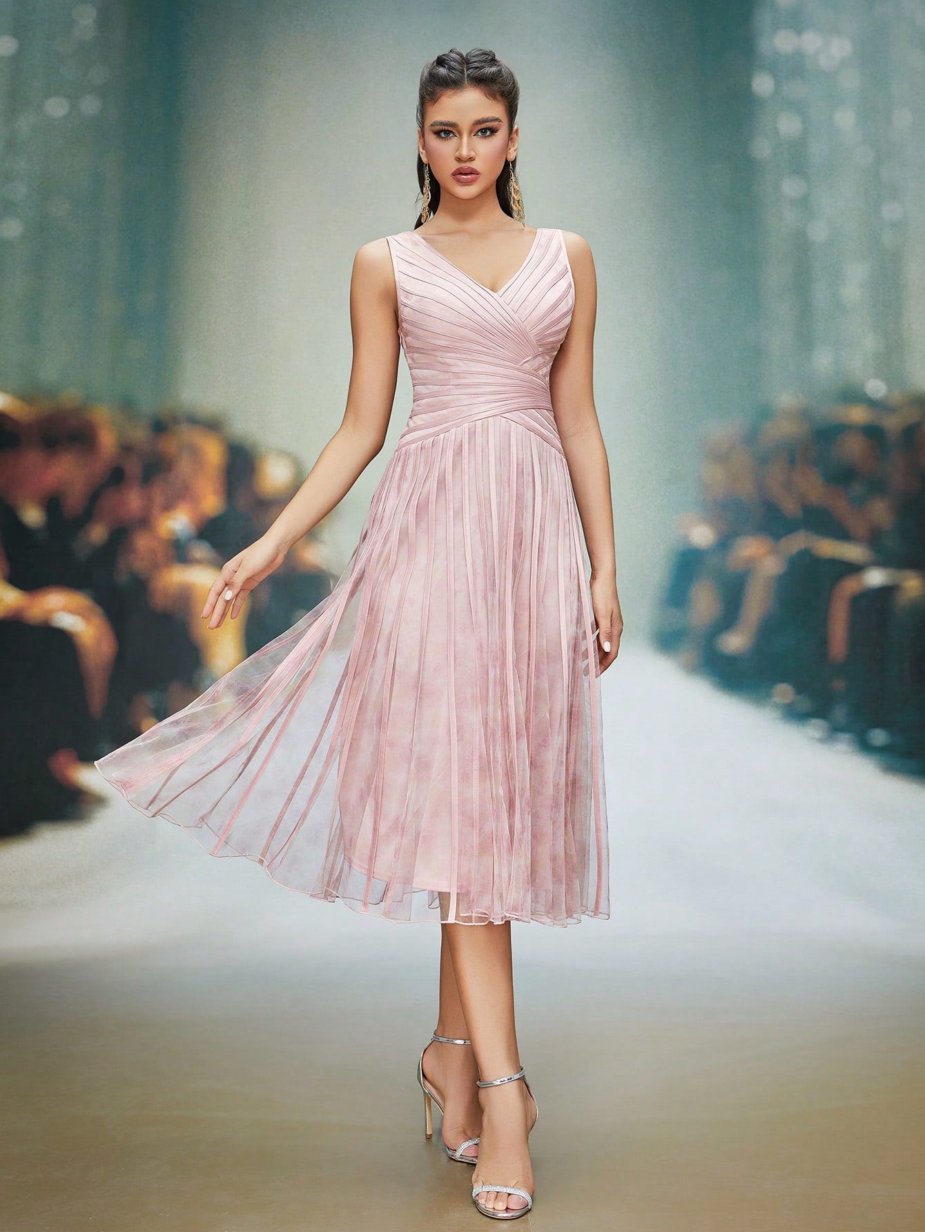 V-Neck Printed Mesh Ruffle Hem Luxurious Evening Gown Wedding Spring Party