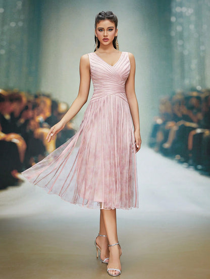 V-Neck Printed Mesh Ruffle Hem Luxurious Evening Gown Wedding Spring Party