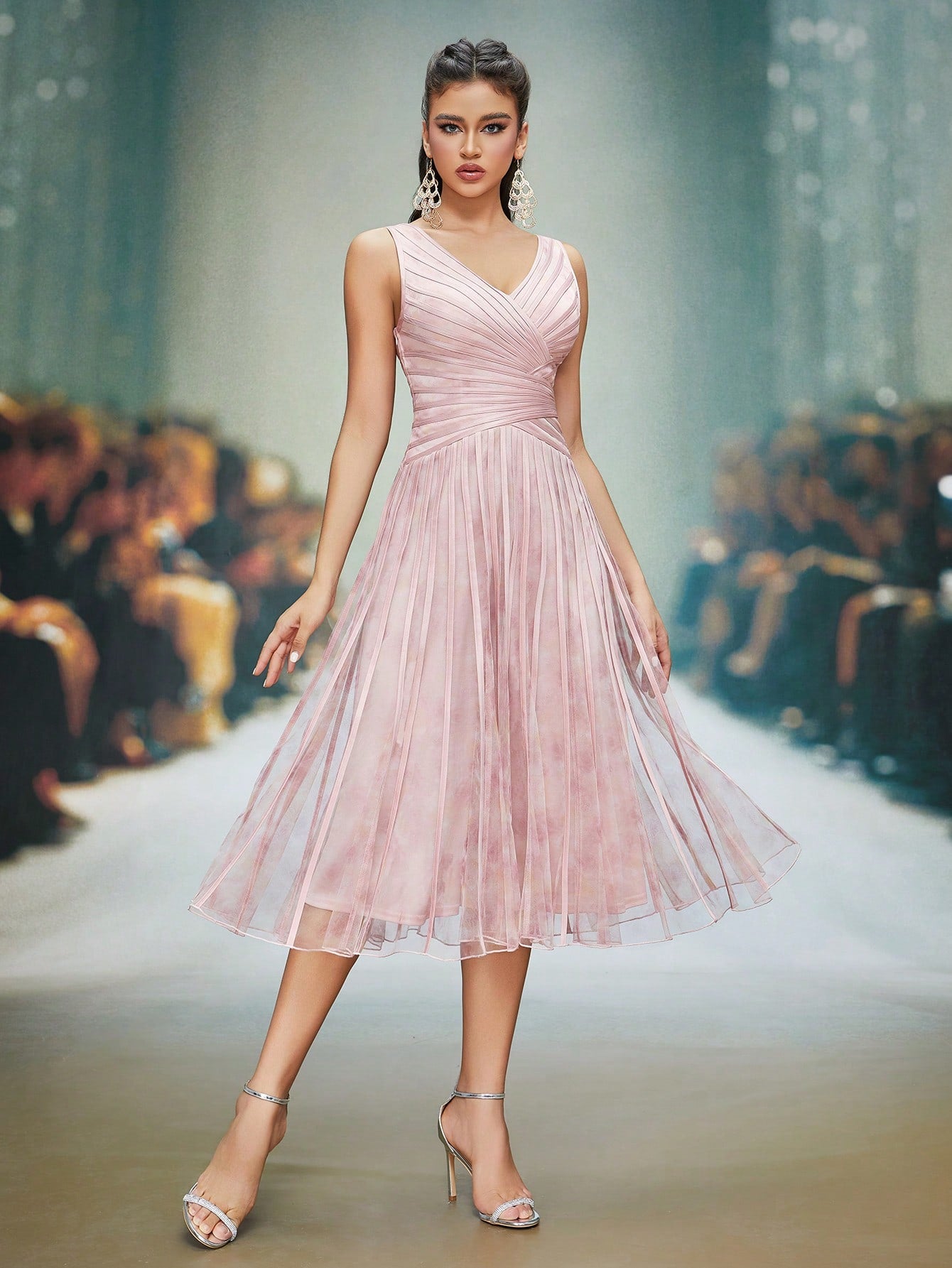 V-Neck Printed Mesh Ruffle Hem Luxurious Evening Gown Wedding Spring Party