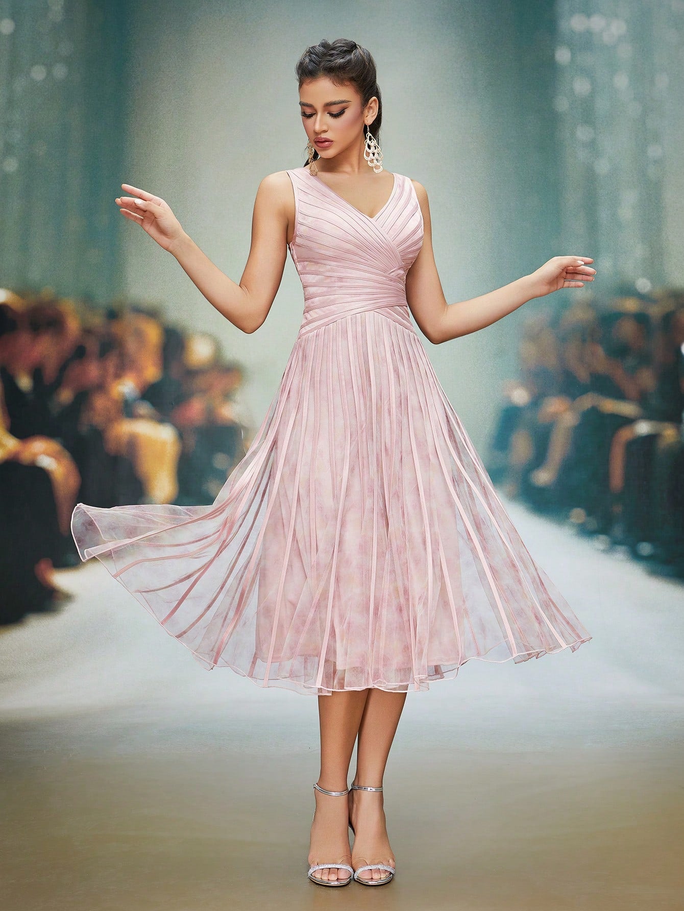 V-Neck Printed Mesh Ruffle Hem Luxurious Evening Gown Wedding Spring Party