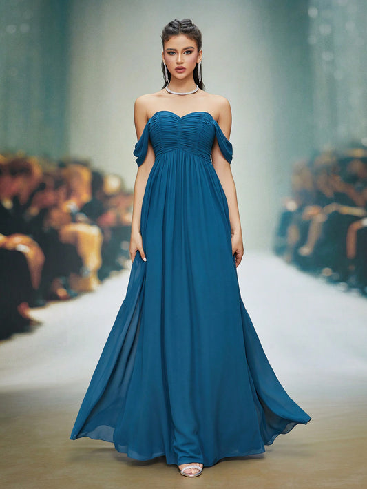 High-End Strapless Maxi Evening Dress With Flare Sleeves, Wedding Event Dress, Bridesmaid Dress
