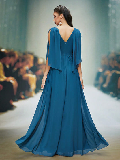 V-Neck Pearl Chiffon Flared Short Sleeve High-End Evening Dress,Bridesmaid Dress