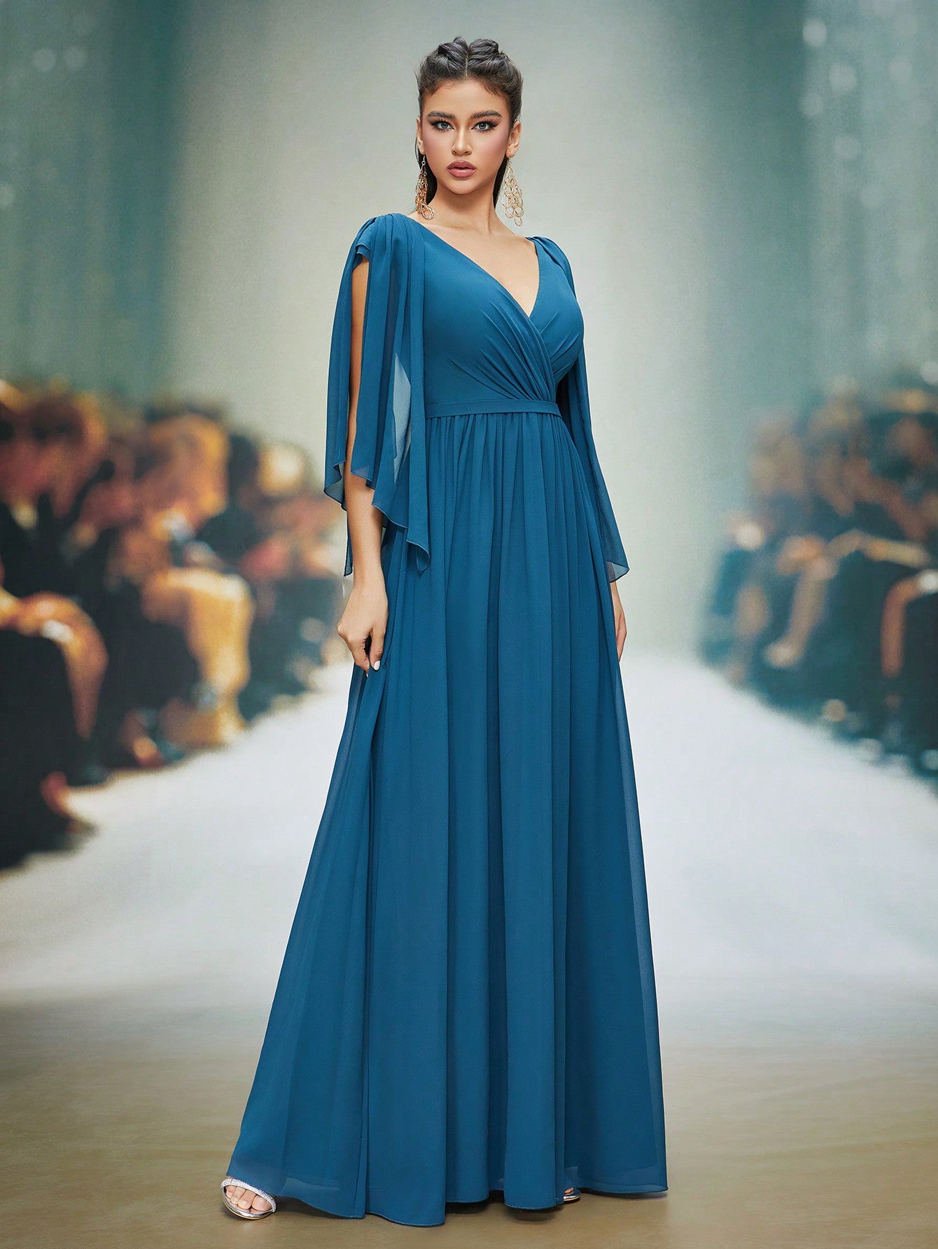 V-Neck Pearl Chiffon Flared Short Sleeve High-End Evening Dress,Bridesmaid Dress