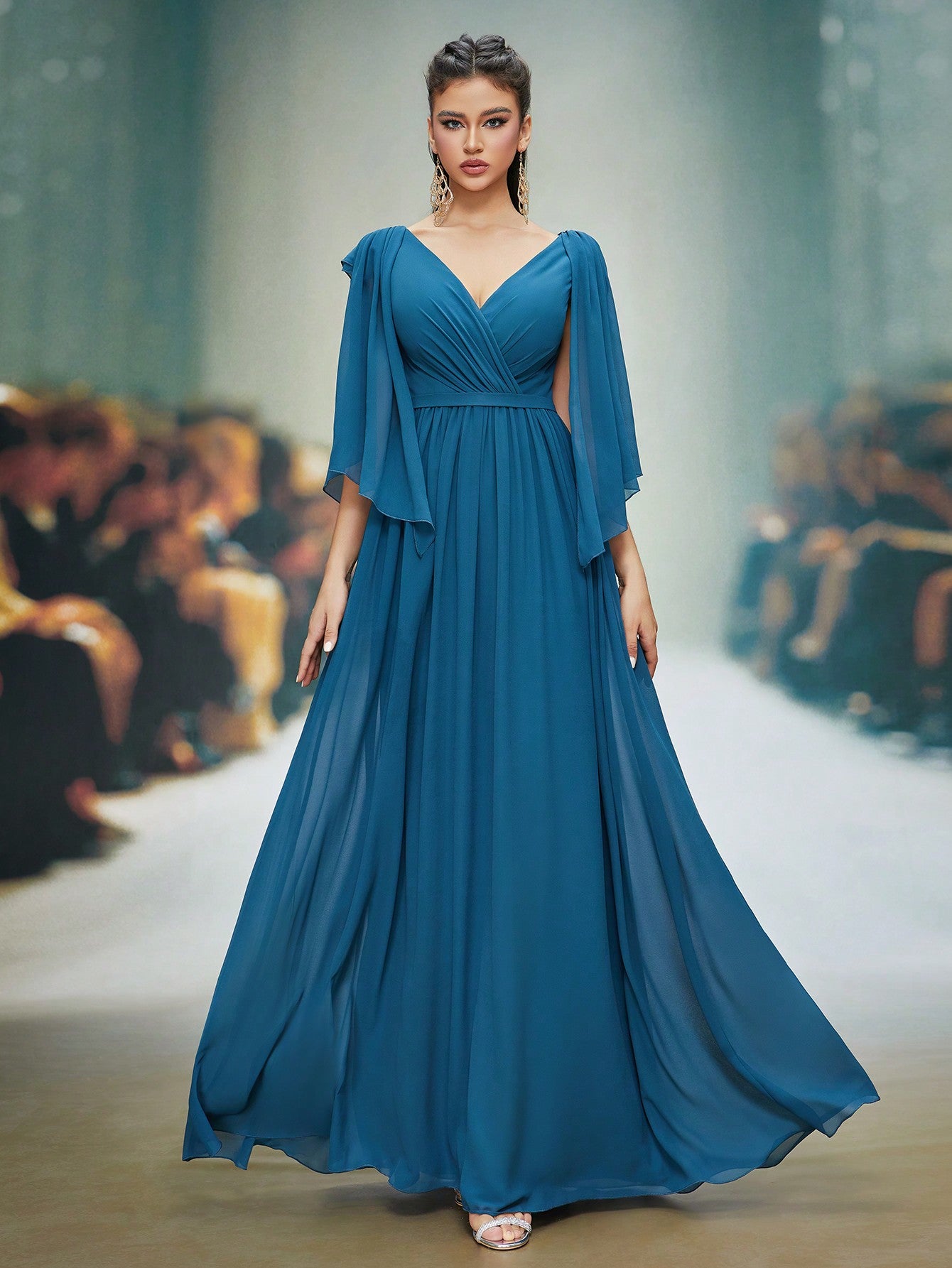 V-Neck Pearl Chiffon Flared Short Sleeve High-End Evening Dress,Bridesmaid Dress