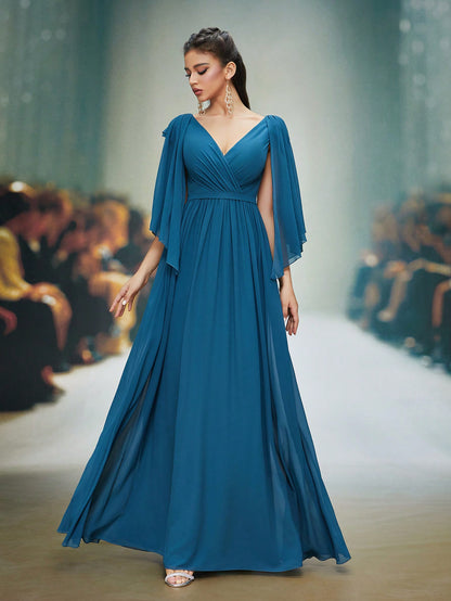 V-Neck Pearl Chiffon Flared Short Sleeve High-End Evening Dress,Bridesmaid Dress