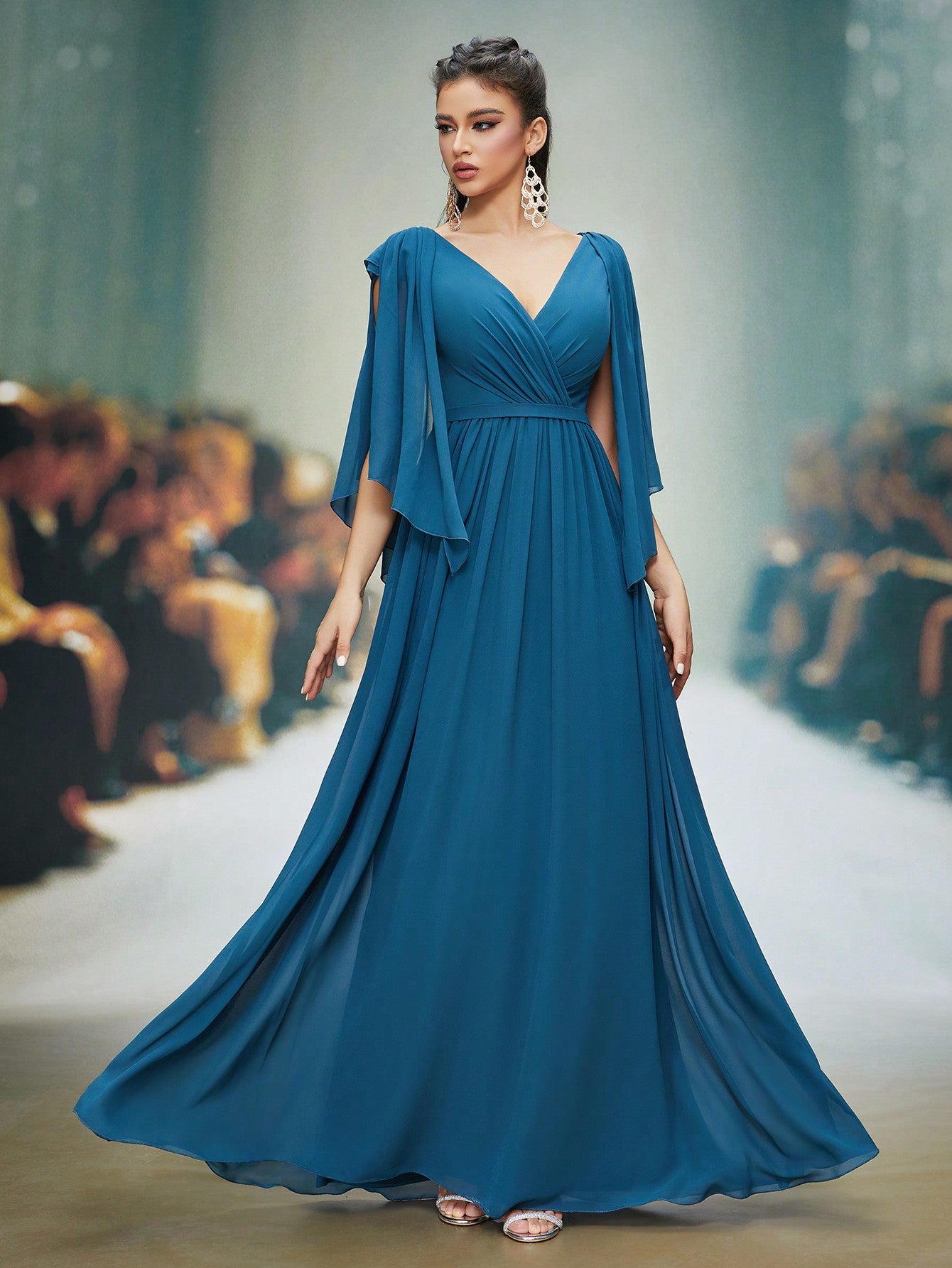 V-Neck Pearl Chiffon Flared Short Sleeve High-End Evening Dress,Bridesmaid Dress