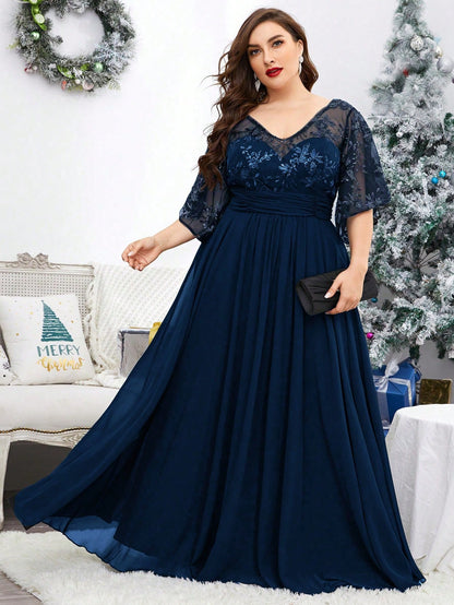 Plus Size V-Neck Sequin Embroidered Sheer Bell Sleeve Patchwork Chiffon Dress, Formal Evening Prom Dress, For Wedding Guest, Graduation, Dinner, Party Dress,Gown Spring Vacation