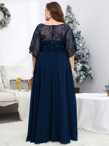 Plus Size V-Neck Sequin Embroidered Sheer Bell Sleeve Patchwork Chiffon Dress, Formal Evening Prom Dress, For Wedding Guest, Graduation, Dinner, Party Dress,Gown Spring Vacation