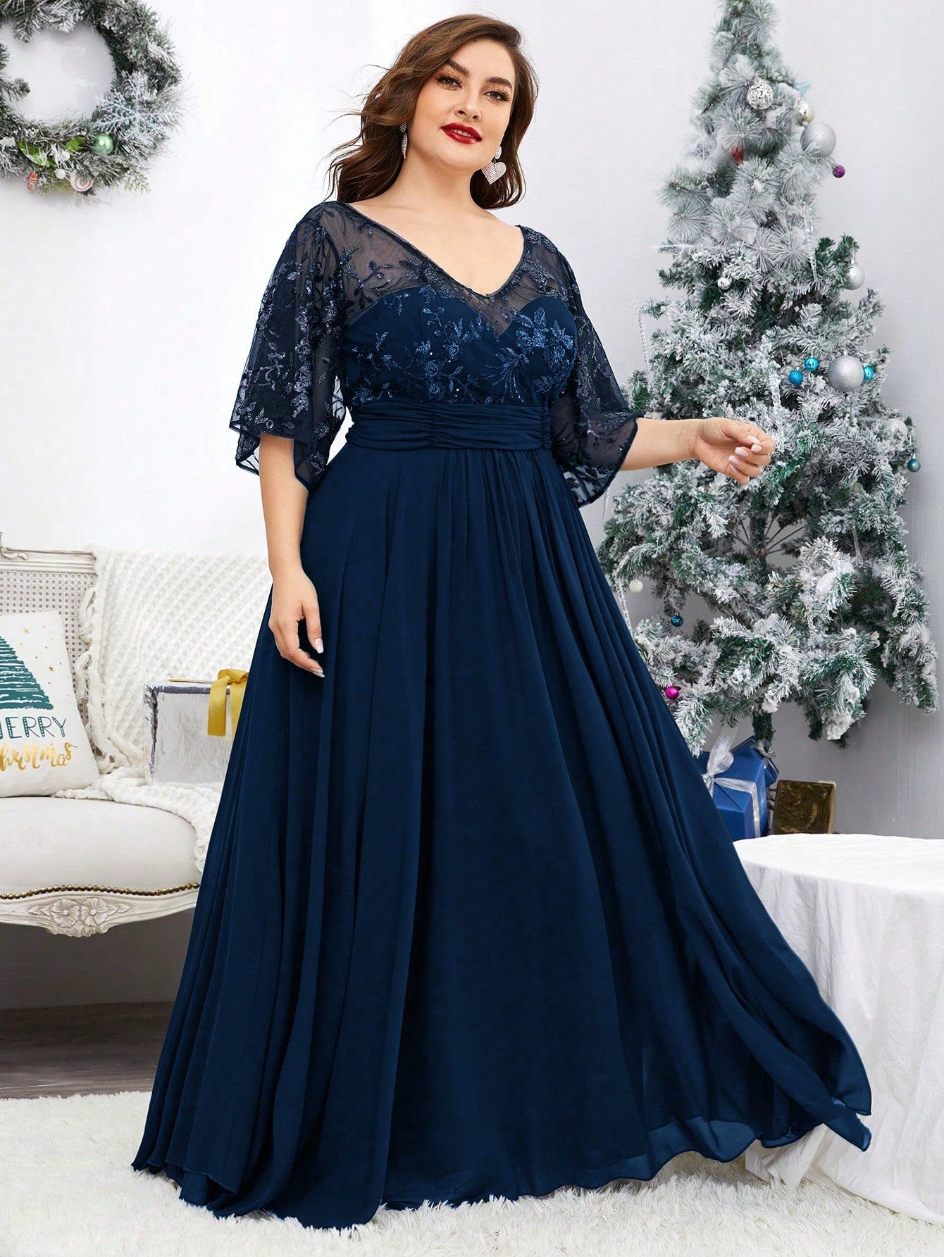 Plus Size V-Neck Sequin Embroidered Sheer Bell Sleeve Patchwork Chiffon Dress, Formal Evening Prom Dress, For Wedding Guest, Graduation, Dinner, Party Dress,Gown Spring Vacation