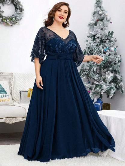 Plus Size V-Neck Sequin Embroidered Sheer Bell Sleeve Patchwork Chiffon Dress, Formal Evening Prom Dress, For Wedding Guest, Graduation, Dinner, Party Dress,Gown Spring Vacation