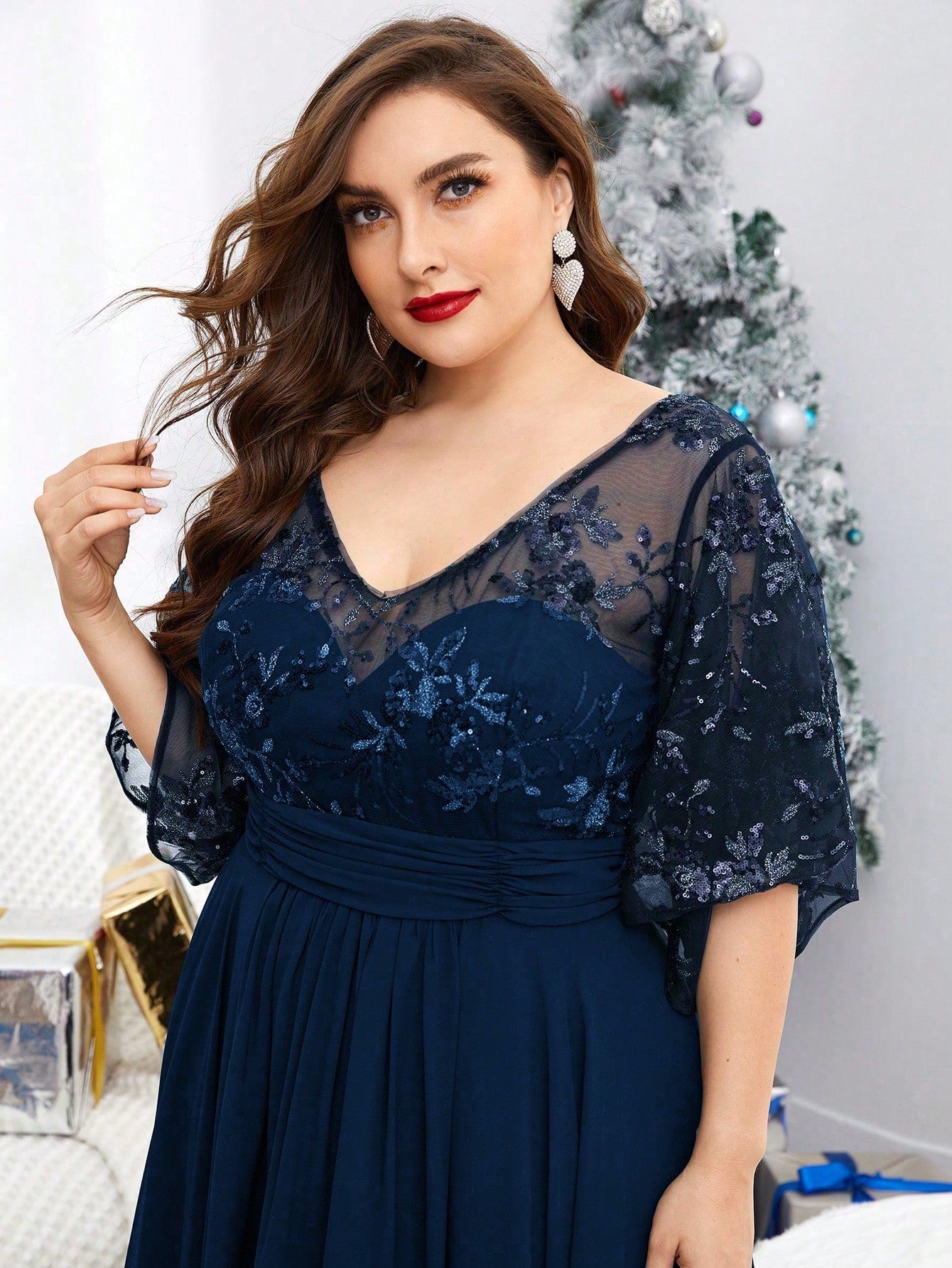 Plus Size V-Neck Sequin Embroidered Sheer Bell Sleeve Patchwork Chiffon Dress, Formal Evening Prom Dress, For Wedding Guest, Graduation, Dinner, Party Dress,Gown Spring Vacation