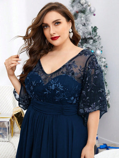Plus Size V-Neck Sequin Embroidered Sheer Bell Sleeve Patchwork Chiffon Dress, Formal Evening Prom Dress, For Wedding Guest, Graduation, Dinner, Party Dress,Gown Spring Vacation