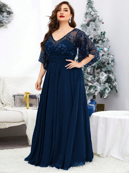 Plus Size V-Neck Sequin Embroidered Sheer Bell Sleeve Patchwork Chiffon Dress, Formal Evening Prom Dress, For Wedding Guest, Graduation, Dinner, Party Dress,Gown Spring Vacation