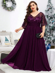 Plus Size V-Neck Sequin Embroidered Sheer Bell Sleeve Patchwork Chiffon Dress, Formal Evening Prom Dress, For Wedding Guest, Graduation, Dinner, Party Dress,Gown Spring Vacation