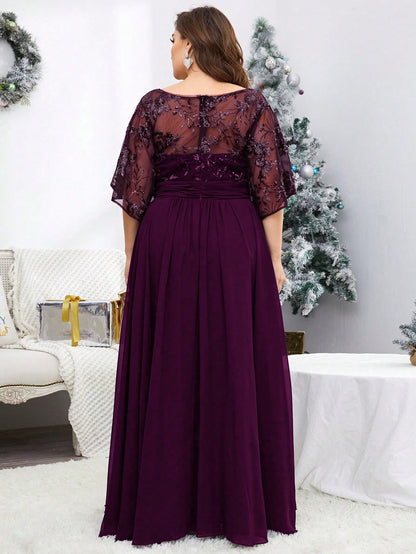 Plus Size V-Neck Sequin Embroidered Sheer Bell Sleeve Patchwork Chiffon Dress, Formal Evening Prom Dress, For Wedding Guest, Graduation, Dinner, Party Dress,Gown Spring Vacation
