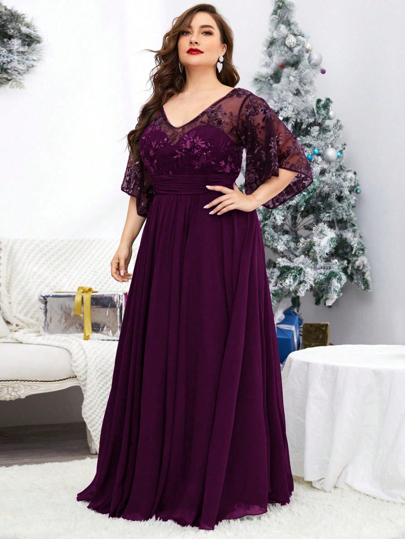 Plus Size V-Neck Sequin Embroidered Sheer Bell Sleeve Patchwork Chiffon Dress, Formal Evening Prom Dress, For Wedding Guest, Graduation, Dinner, Party Dress,Gown Spring Vacation