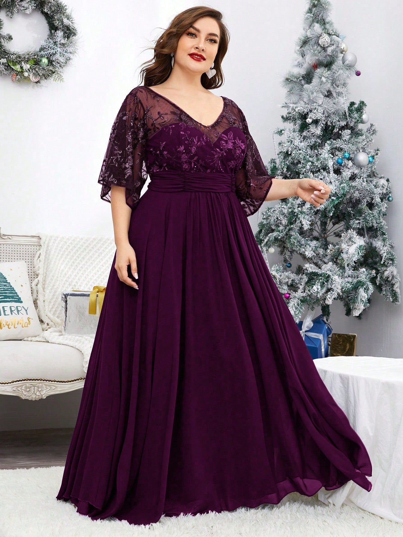 Plus Size V-Neck Sequin Embroidered Sheer Bell Sleeve Patchwork Chiffon Dress, Formal Evening Prom Dress, For Wedding Guest, Graduation, Dinner, Party Dress,Gown Spring Vacation