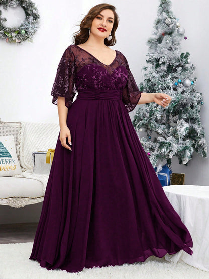 Plus Size V-Neck Sequin Embroidered Sheer Bell Sleeve Patchwork Chiffon Dress, Formal Evening Prom Dress, For Wedding Guest, Graduation, Dinner, Party Dress,Gown Spring Vacation