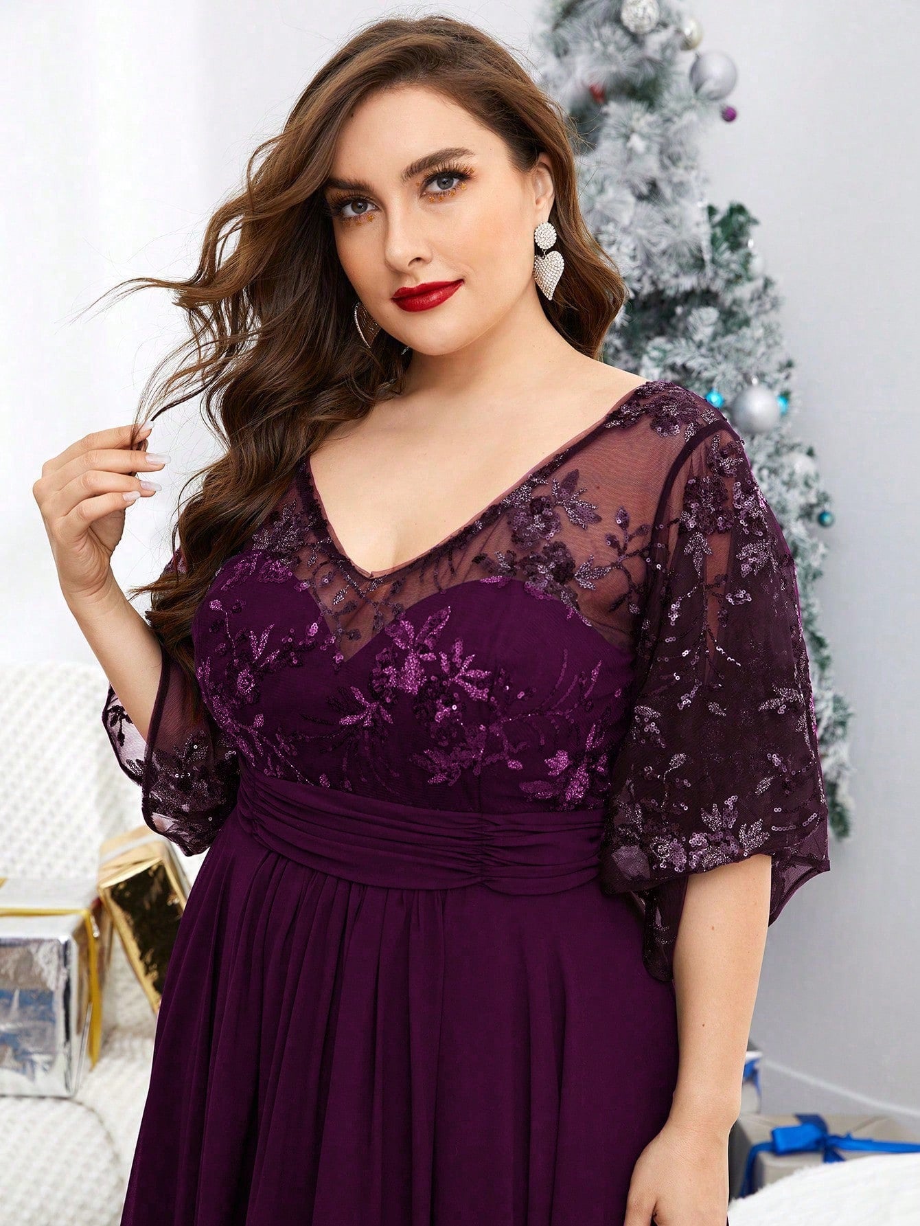 Plus Size V-Neck Sequin Embroidered Sheer Bell Sleeve Patchwork Chiffon Dress, Formal Evening Prom Dress, For Wedding Guest, Graduation, Dinner, Party Dress,Gown Spring Vacation
