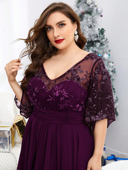 Plus Size V-Neck Sequin Embroidered Sheer Bell Sleeve Patchwork Chiffon Dress, Formal Evening Prom Dress, For Wedding Guest, Graduation, Dinner, Party Dress,Gown Spring Vacation