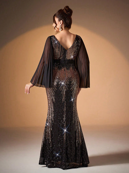 Plus Size V-Neck Sunflower Print Sequin Detail Fitted Mermaid Chiffon Long Sleeve Dress, Party Dress, Wedding Guest Dress, Prom Dress Spring Vacation
