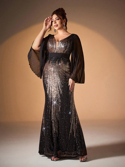 Plus Size V-Neck Sunflower Print Sequin Detail Fitted Mermaid Chiffon Long Sleeve Dress, Party Dress, Wedding Guest Dress, Prom Dress Spring Vacation