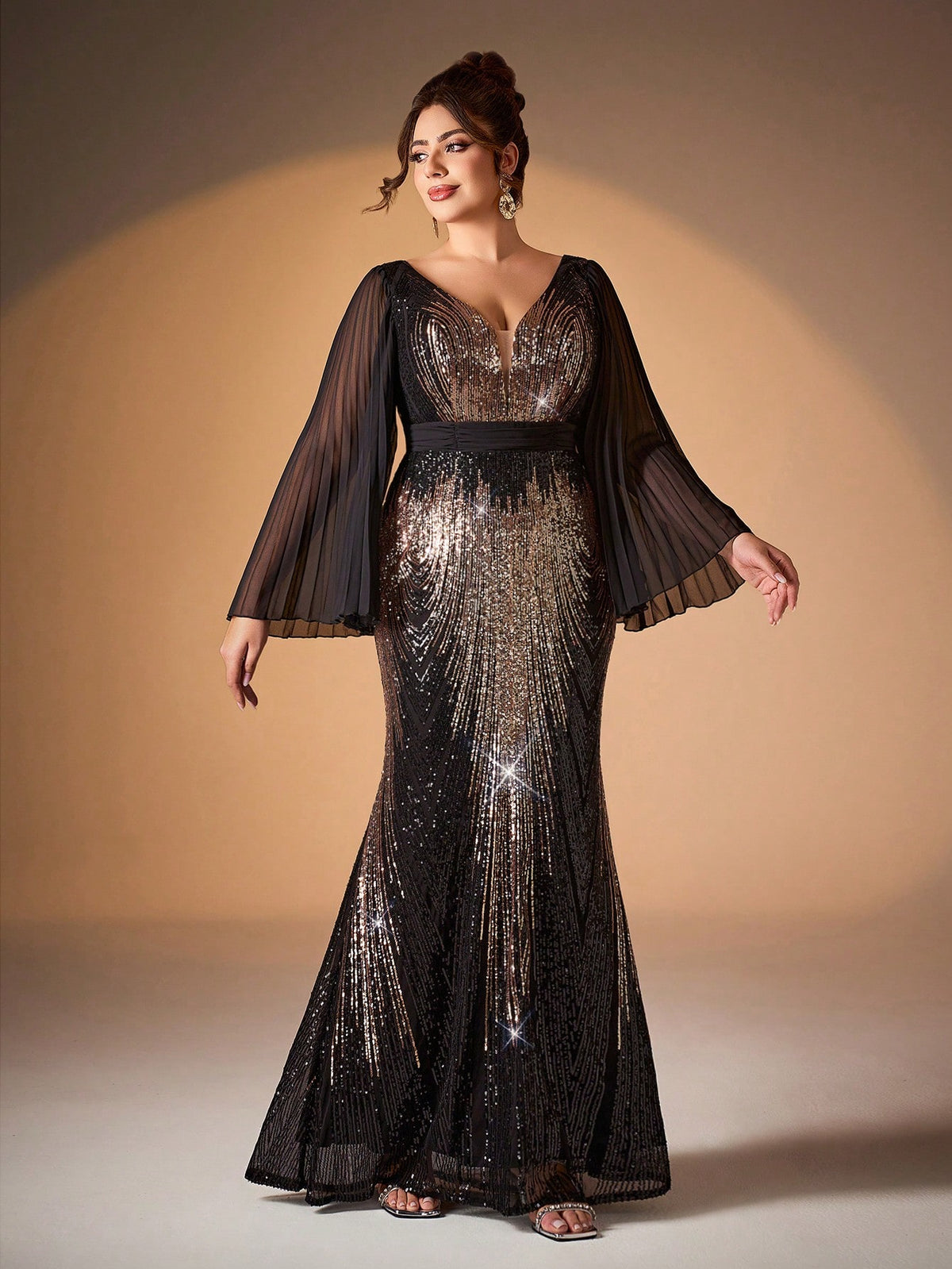 Plus Size V-Neck Sunflower Print Sequin Detail Fitted Mermaid Chiffon Long Sleeve Dress, Party Dress, Wedding Guest Dress, Prom Dress Spring Vacation