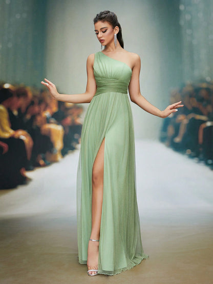 Asymmetrical One Shoulder Pleated Bust & Hollow Waist High Split A-Line Mesh Dress, Bridesmaid Dress Wedding Spring