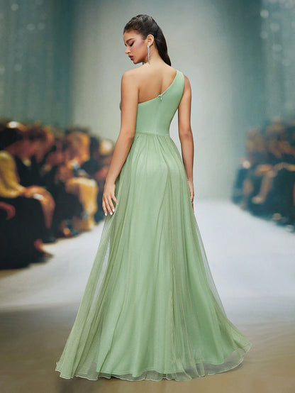 Asymmetrical Neck Draped Bust, Hollow Waist, High Slit A-Line Long Chiffon Dress, Bridesmaid Dress Wedding Spring