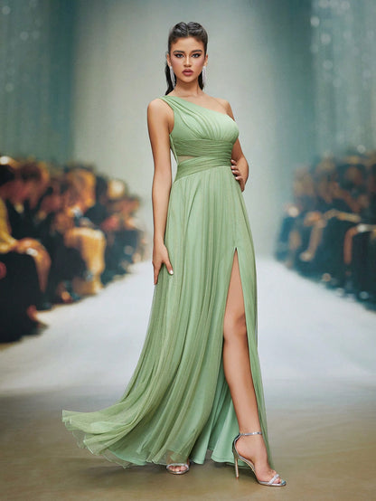Asymmetrical One Shoulder Pleated Bust & Hollow Waist High Split A-Line Mesh Dress, Bridesmaid Dress Wedding Spring