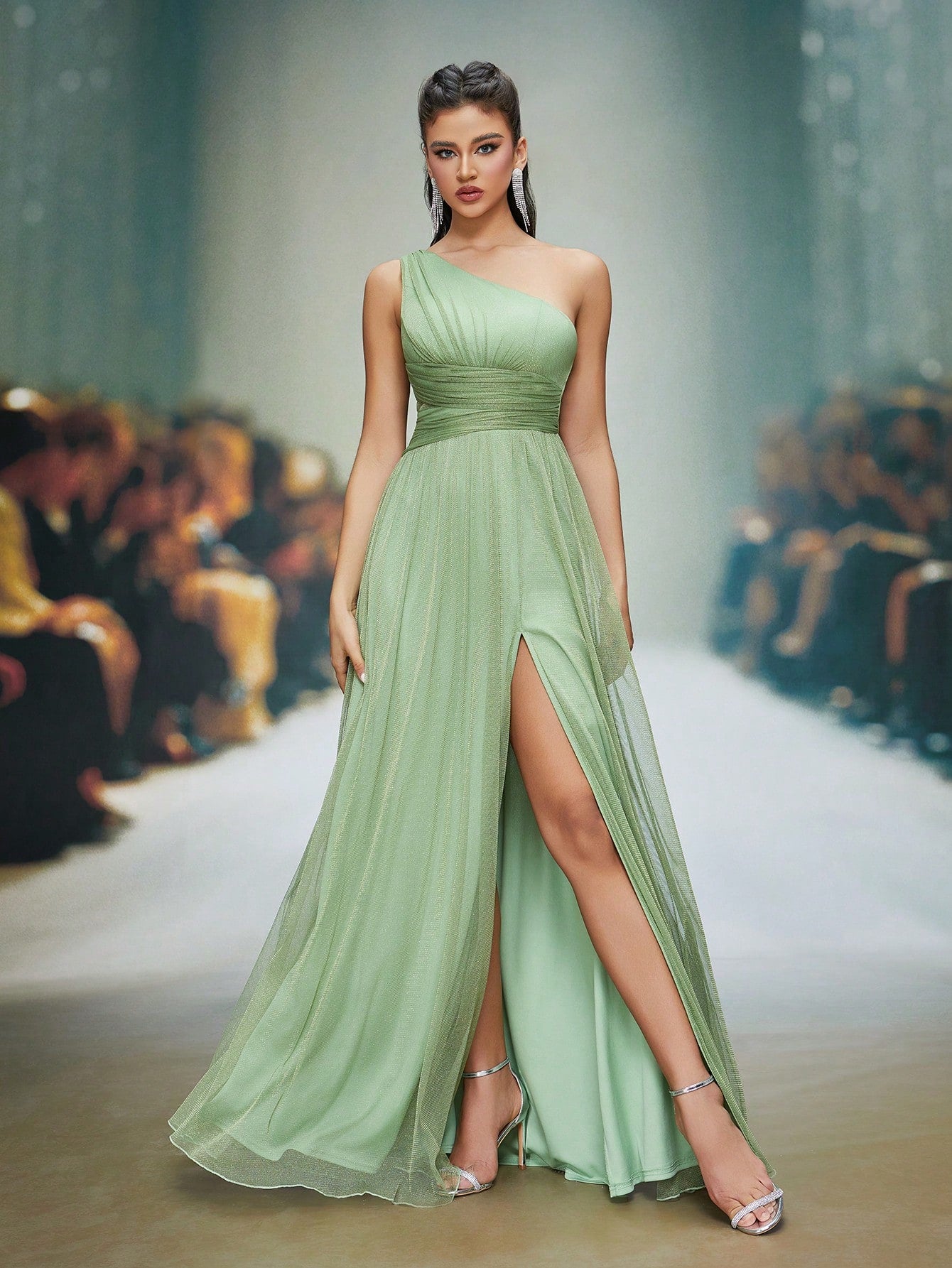 Asymmetrical One Shoulder Pleated Bust & Hollow Waist High Split A-Line Mesh Dress, Bridesmaid Dress Wedding Spring