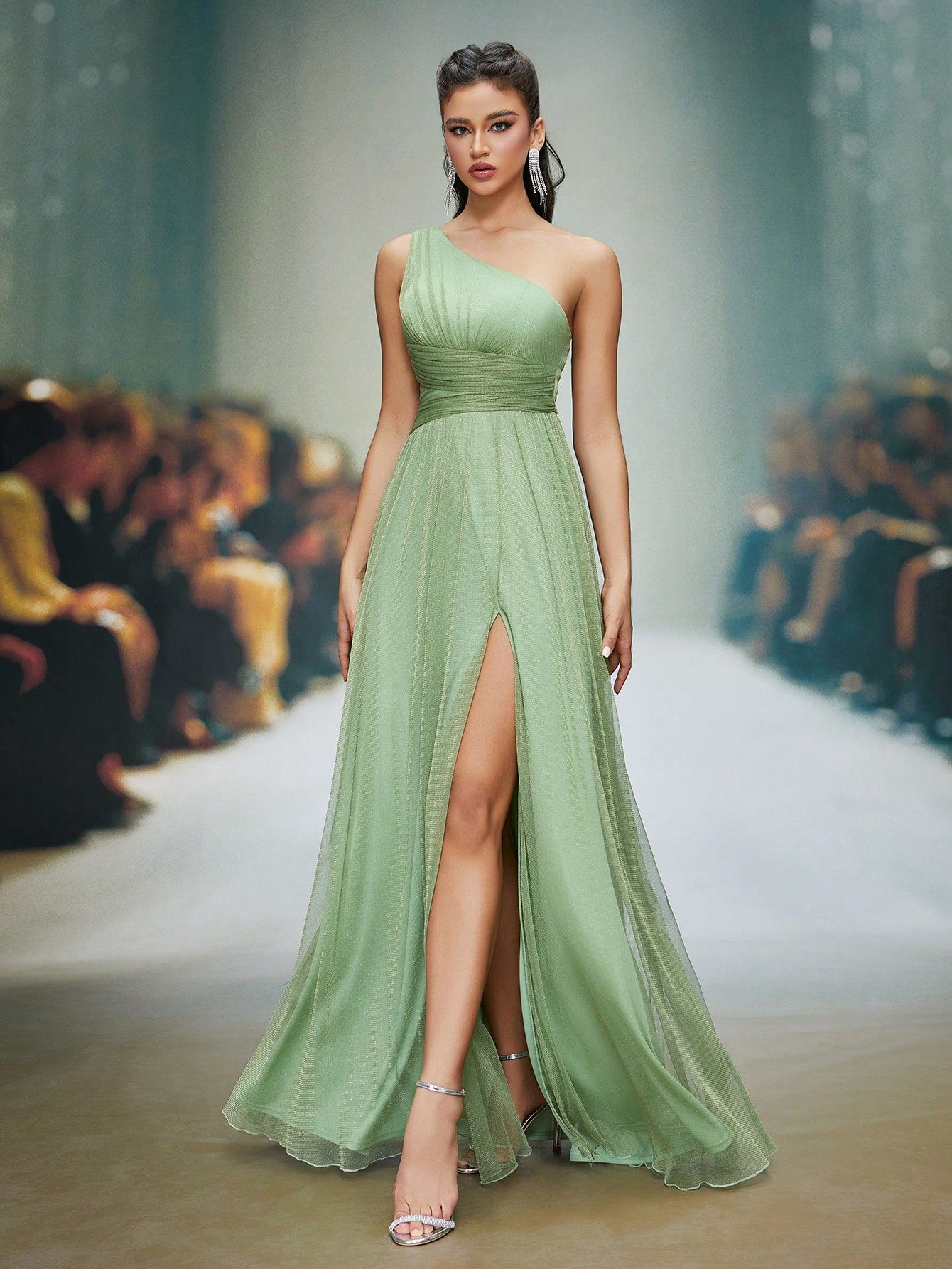 Asymmetrical Neck Draped Bust, Hollow Waist, High Slit A-Line Long Chiffon Dress, Bridesmaid Dress Wedding Spring